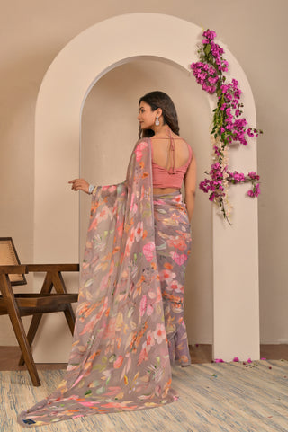 Mauve Printed Chiffon Saree with Floral Digital Print and Cold Shoulder Tie-Up Blouse