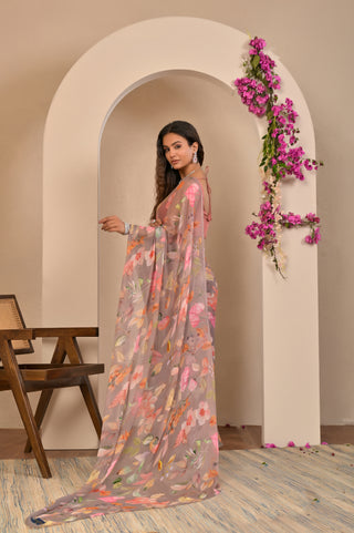 Mauve Printed Chiffon Saree with Floral Digital Print and Cold Shoulder Tie-Up Blouse