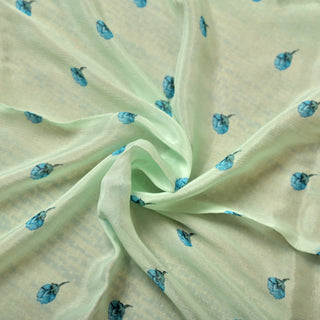Mint Green Printed Chiffon Saree with Botanical Floral and Bird Digital Print